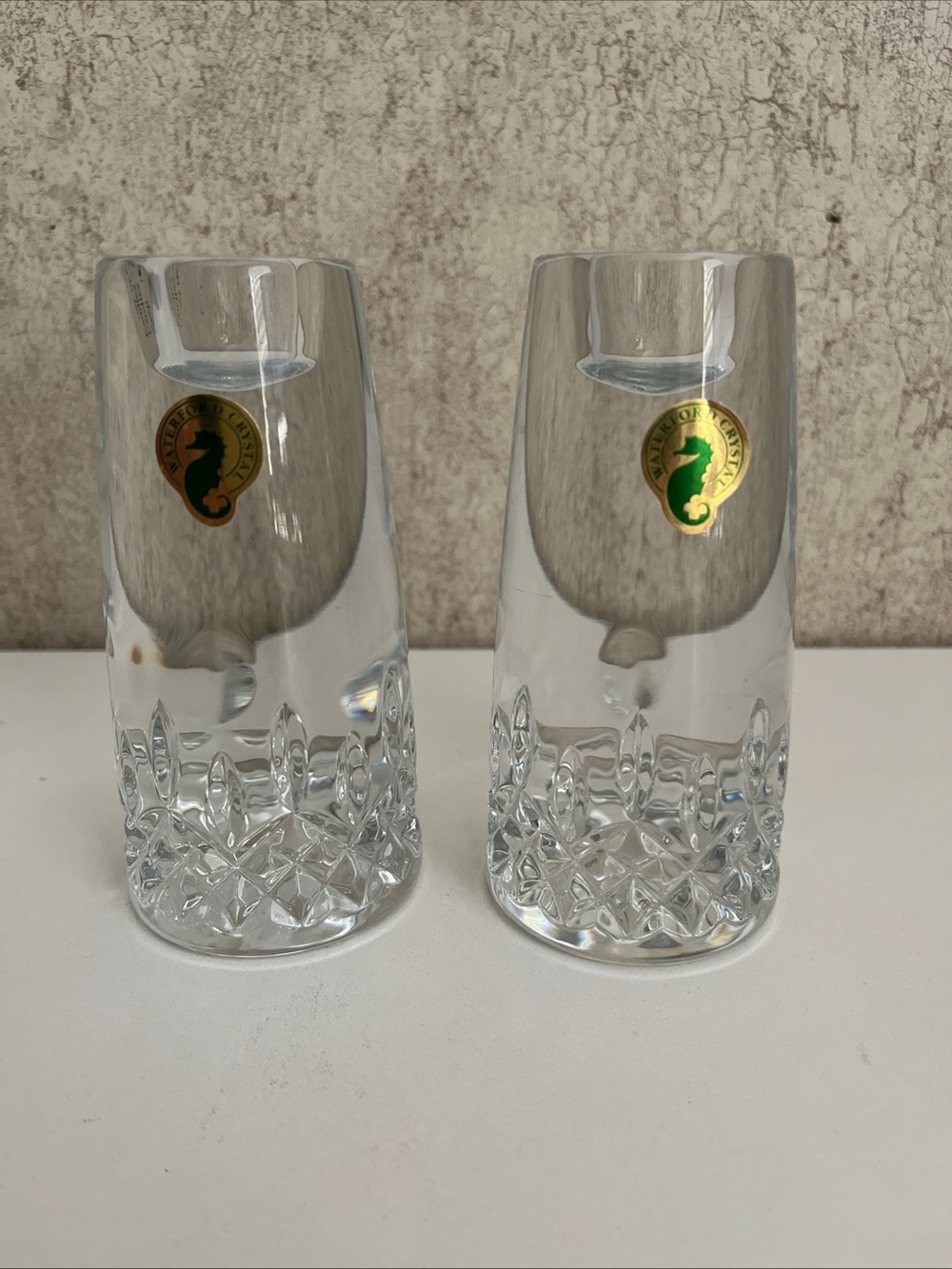 Waterford Lismore Encore Crystal Candlestick Holder Round Diamond Cut 5” Pair 2